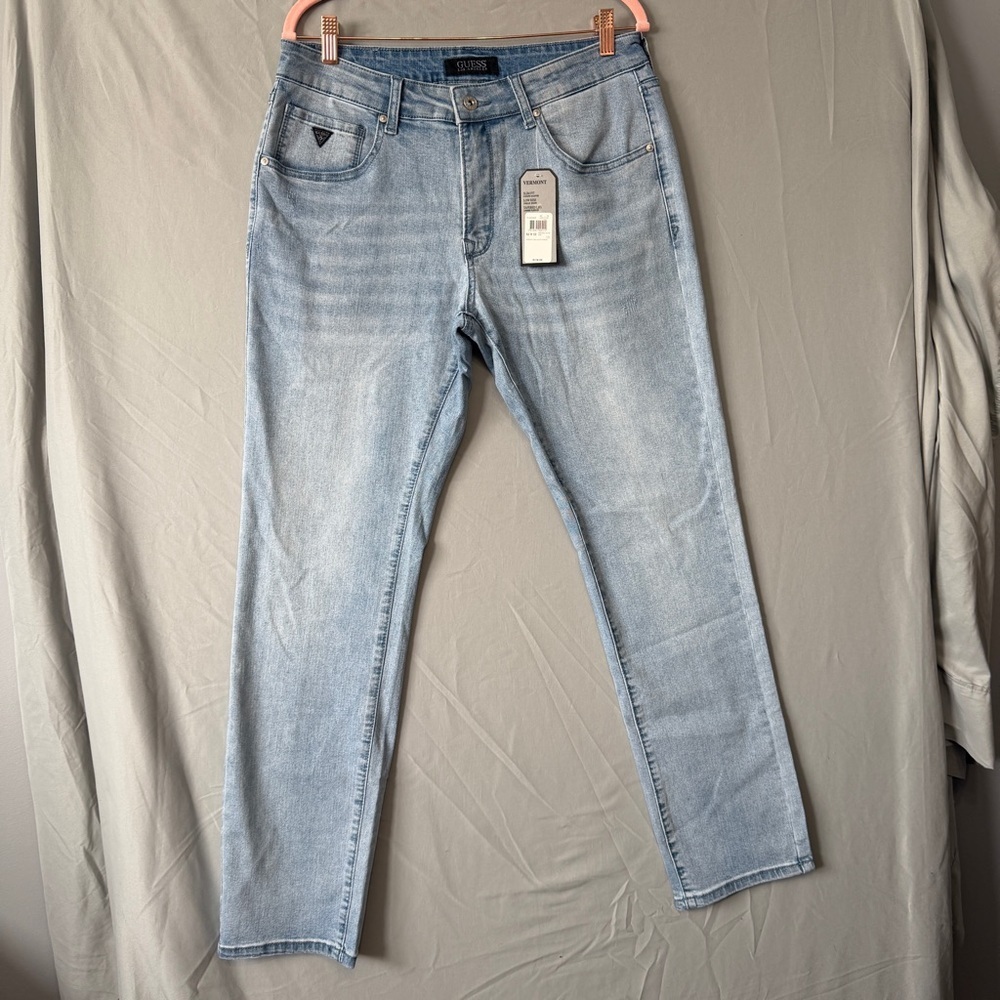 Guess Mens Vermont Slim Fit Denim Jeans Size 32 Blue Light Wash Logo Low Rise